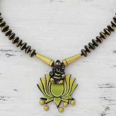 Alternate image for Ceramic Pendant Necklace of Ganesha with Lotus from India Kamal Ganesha