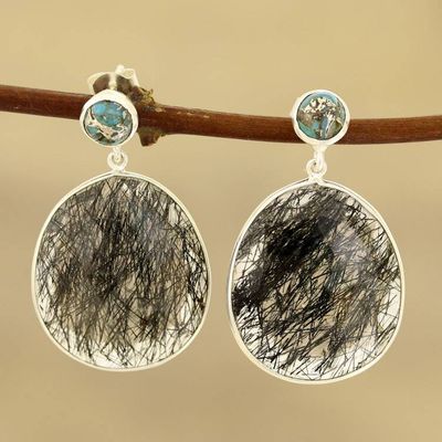 Alternate image for Tourmalinated Quartz and Composite Turquoise Dangle Earrings Elegant Veins