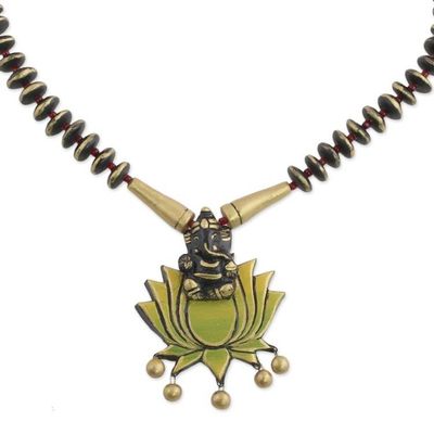 Alternate image for Ceramic Pendant Necklace of Ganesha with Lotus from India Kamal Ganesha