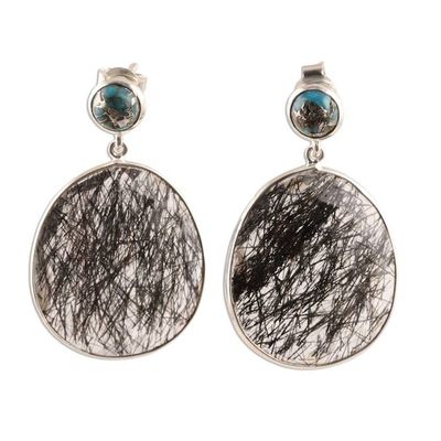 Alternate image for Tourmalinated Quartz and Composite Turquoise Dangle Earrings Elegant Veins