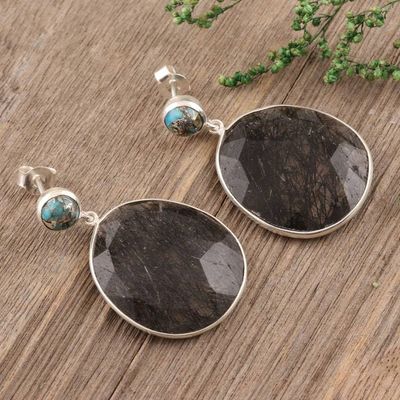 Alternate image for Tourmalinated Quartz and Composite Turquoise Dangle Earrings Elegant Veins