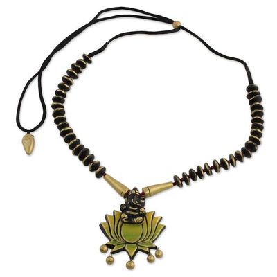 Alternate image for Ceramic Pendant Necklace of Ganesha with Lotus from India Kamal Ganesha
