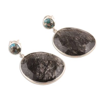 Alternate image for Tourmalinated Quartz and Composite Turquoise Dangle Earrings Elegant Veins