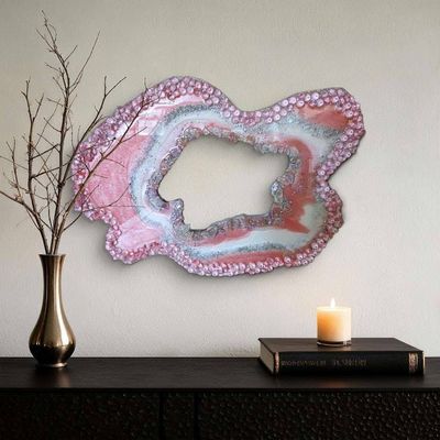 Alternate image for Large Light Pink Resin Geode Freeform Sculpture Painting | Aura Quartz Sea Glass Glitter Irregular Agate Original Signed Art 30