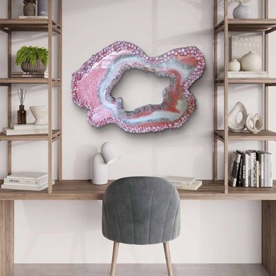 Alternate image for Large Light Pink Resin Geode Freeform Sculpture Painting | Aura Quartz Sea Glass Glitter Irregular Agate Original Signed Art 30