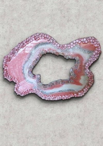 Alternate image for Large Light Pink Resin Geode Freeform Sculpture Painting | Aura Quartz Sea Glass Glitter Irregular Agate Original Signed Art 30