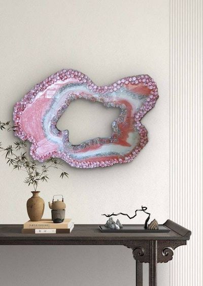 Alternate image for Large Light Pink Resin Geode Freeform Sculpture Painting | Aura Quartz Sea Glass Glitter Irregular Agate Original Signed Art 30