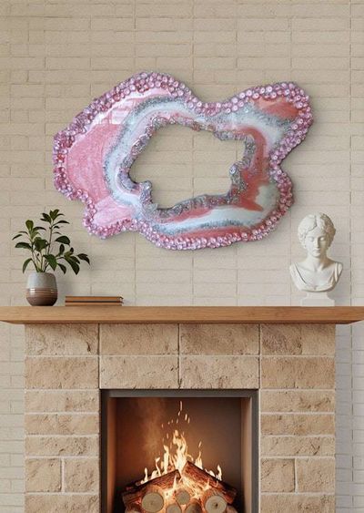Alternate image for Large Light Pink Resin Geode Freeform Sculpture Painting | Aura Quartz Sea Glass Glitter Irregular Agate Original Signed Art 30