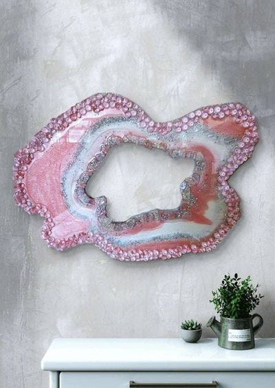 Alternate image for Large Light Pink Resin Geode Freeform Sculpture Painting | Aura Quartz Sea Glass Glitter Irregular Agate Original Signed Art 30