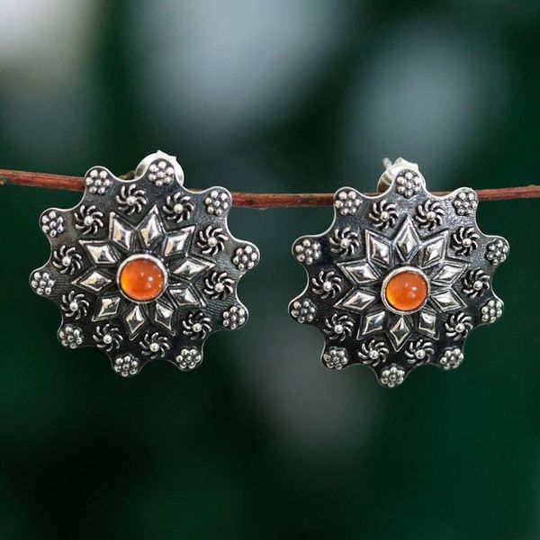 Alternate image for Sterling Silver Floral Button Earrings with Carnelian Stones Fiery Blossoms