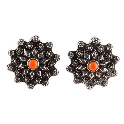 Alternate image for Sterling Silver Floral Button Earrings with Carnelian Stones Fiery Blossoms