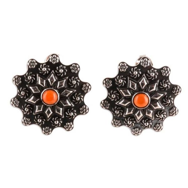 Alternate image for Sterling Silver Floral Button Earrings with Carnelian Stones Fiery Blossoms
