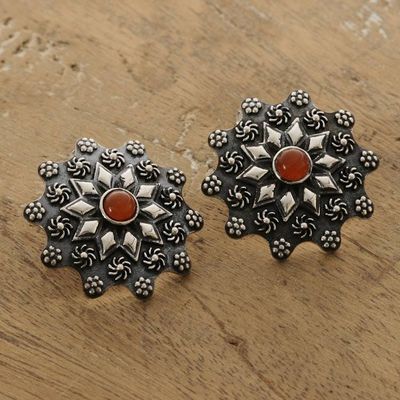 Alternate image for Sterling Silver Floral Button Earrings with Carnelian Stones Fiery Blossoms