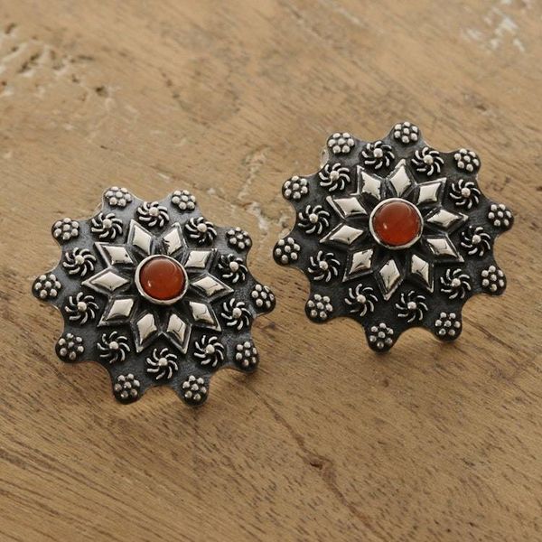 Alternate image for Sterling Silver Floral Button Earrings with Carnelian Stones Fiery Blossoms