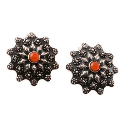 Alternate image for Sterling Silver Floral Button Earrings with Carnelian Stones Fiery Blossoms