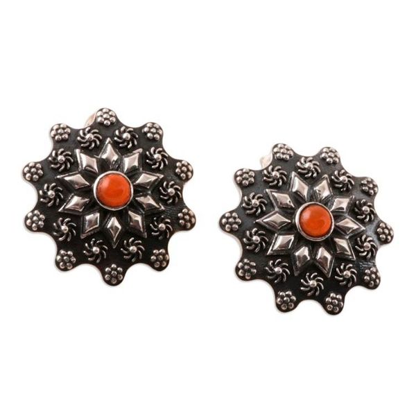 Alternate image for Sterling Silver Floral Button Earrings with Carnelian Stones Fiery Blossoms