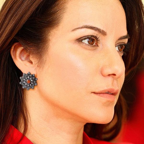 Alternate image for Sterling Silver Floral Button Earrings with Carnelian Stones Fiery Blossoms