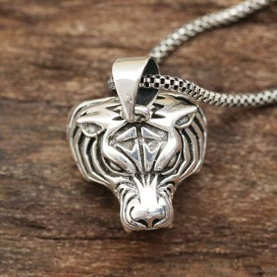 Alternate image for Sterling Silver Tiger Pendant Necklace from India Swift Tiger