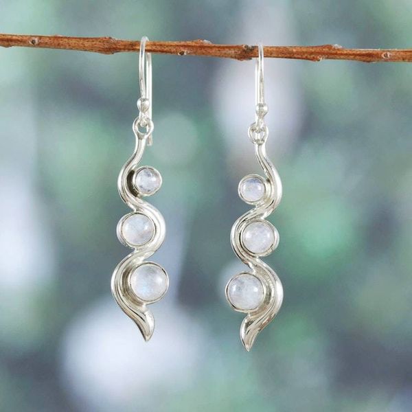 Alternate image for Modern Sterling Silver Rainbow Moonstone Dangle Earrings Swirling Mistiness
