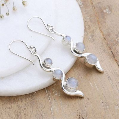 Alternate image for Modern Sterling Silver Rainbow Moonstone Dangle Earrings Swirling Mistiness