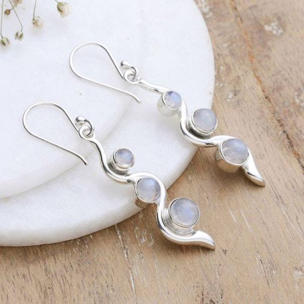 Alternate image for Modern Sterling Silver Rainbow Moonstone Dangle Earrings Swirling Mistiness