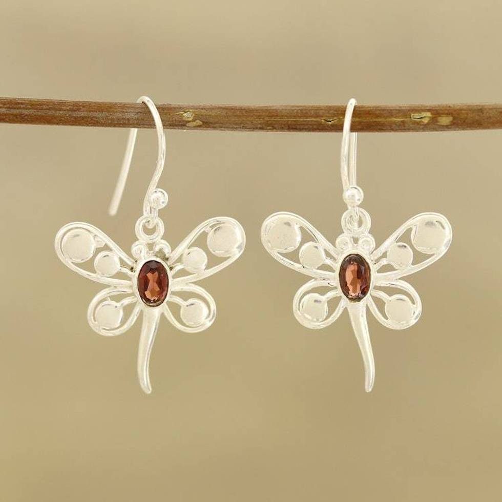 Butterfly-Themed Garnet Dangle Earrings from India 'Radiant Butterflies'