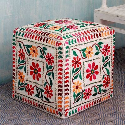 Alternate image for Multicolored Embroidery Square Ottoman Cover Barmer Blooms