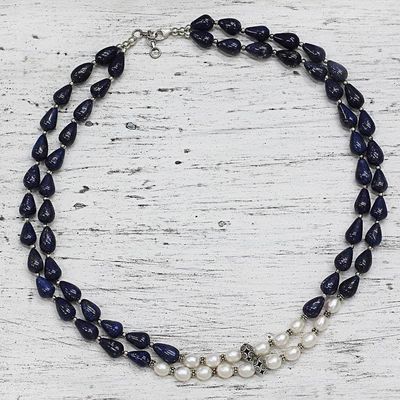 Alternate image for Lapis Lazuli and Cultured Pearl Two-Strand Silver Necklace Beautiful Alliance