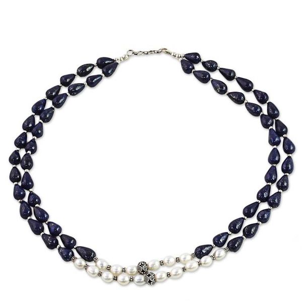 Alternate image for Lapis Lazuli and Cultured Pearl Two-Strand Silver Necklace Beautiful Alliance