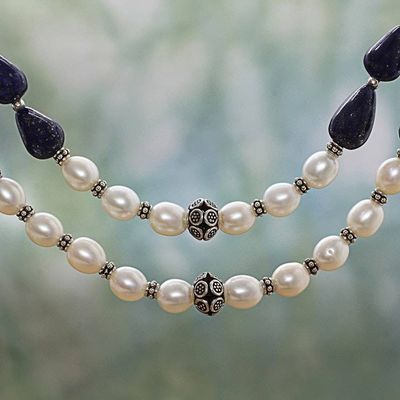 Alternate image for Lapis Lazuli and Cultured Pearl Two-Strand Silver Necklace Beautiful Alliance