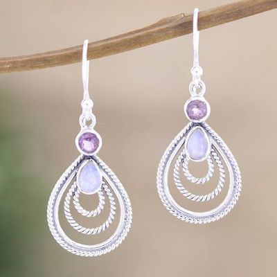 Alternate image for Amethyst and Rainbow Moonstone Dangle Earrings from India Radiate in Purple