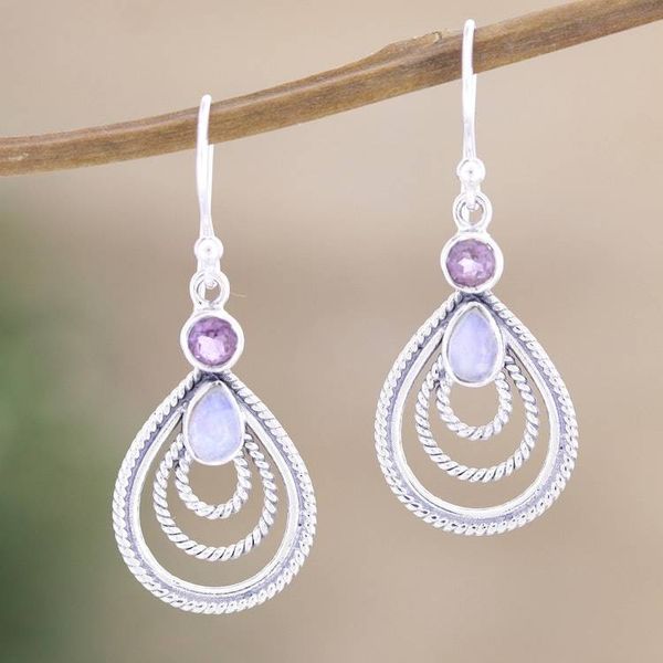 Alternate image for Amethyst and Rainbow Moonstone Dangle Earrings from India Radiate in Purple