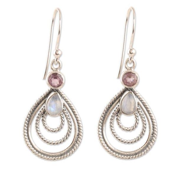 Alternate image for Amethyst and Rainbow Moonstone Dangle Earrings from India Radiate in Purple