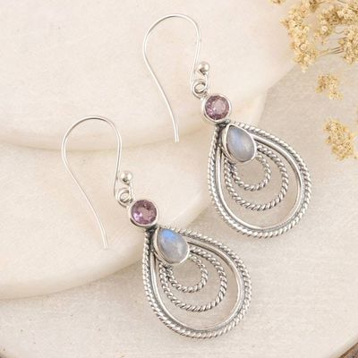 Alternate image for Amethyst and Rainbow Moonstone Dangle Earrings from India Radiate in Purple