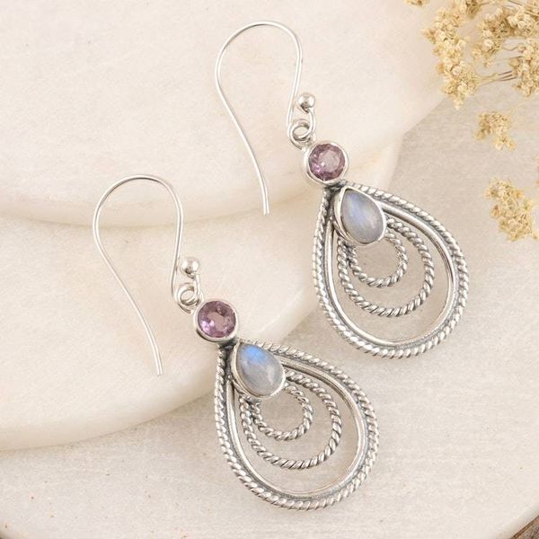 Alternate image for Amethyst and Rainbow Moonstone Dangle Earrings from India Radiate in Purple