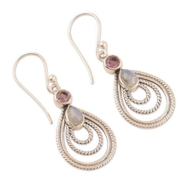 Alternate image for Amethyst and Rainbow Moonstone Dangle Earrings from India Radiate in Purple