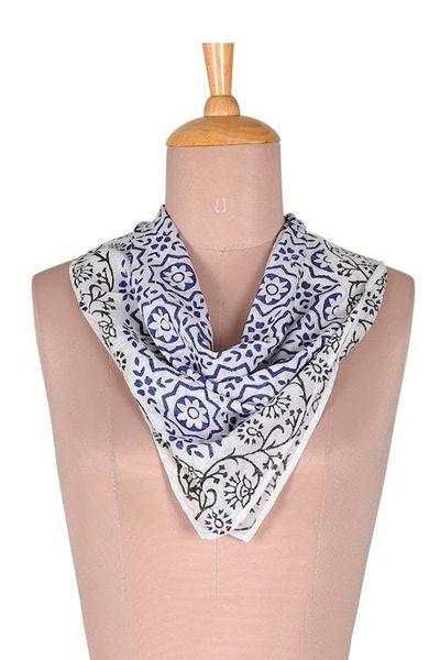 Alternate image for Cotton Bandana with Floral and Vine Motifs Blue Garden