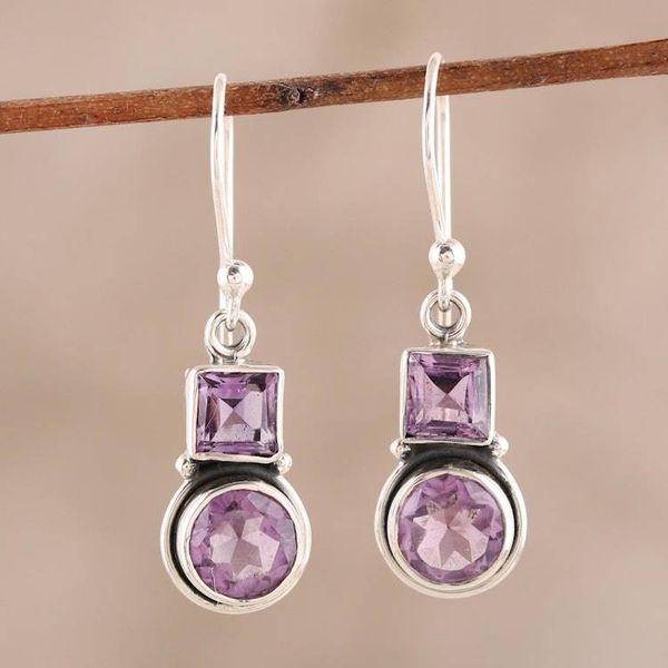 Alternate image for Square and Circular Amethyst Dangle Earrings from India Glittering Combo