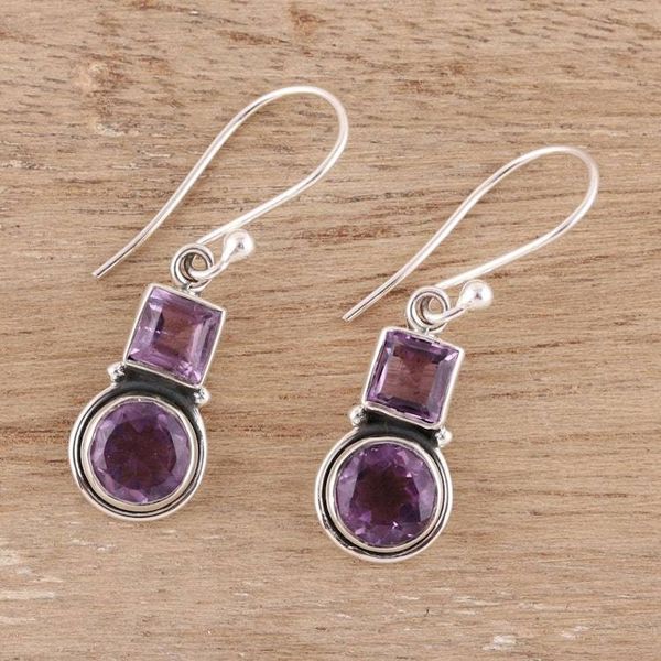 Alternate image for Square and Circular Amethyst Dangle Earrings from India Glittering Combo