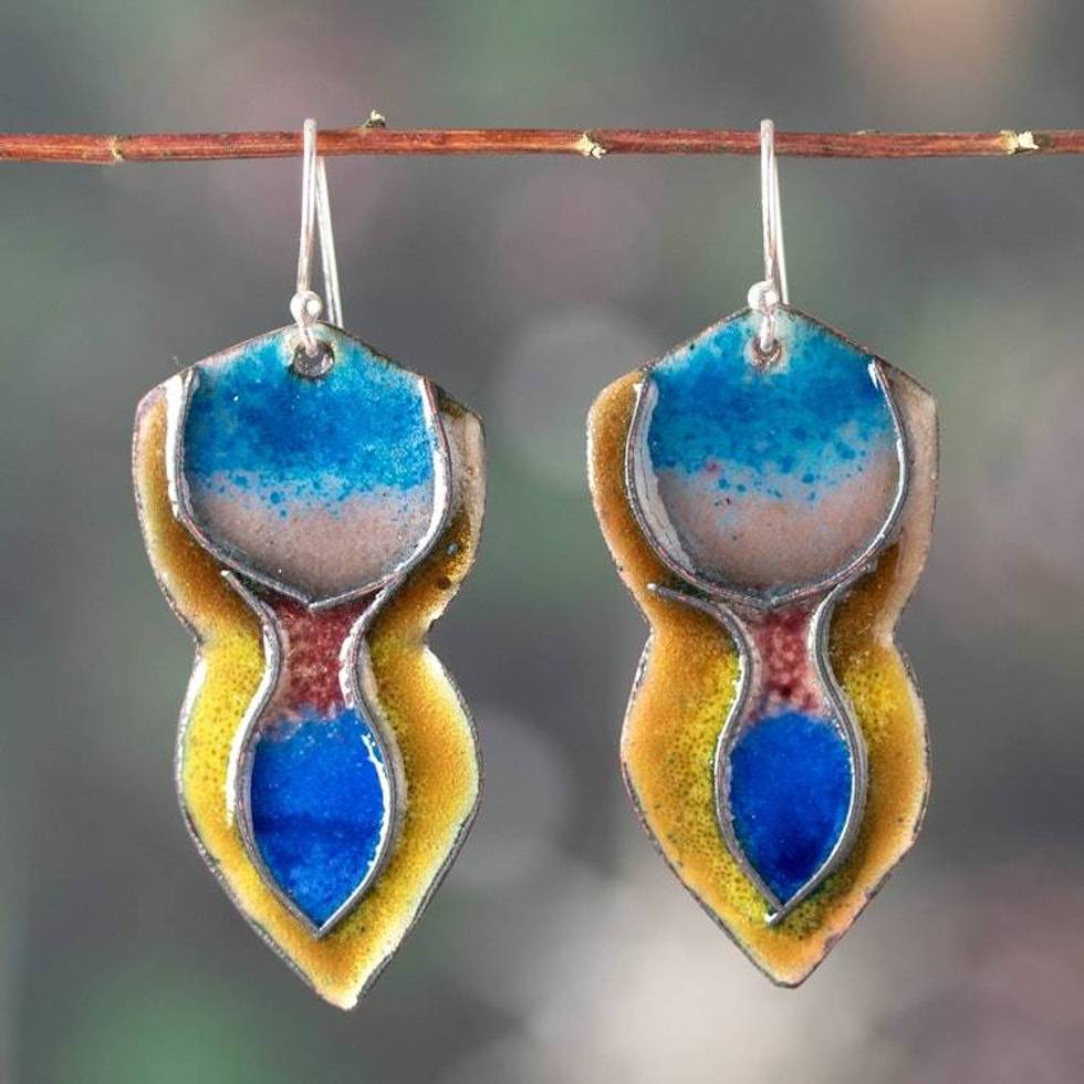 Handmade Vitreous Enamel on Copper Abstract Dangle Earrings 'Celestial Flow'