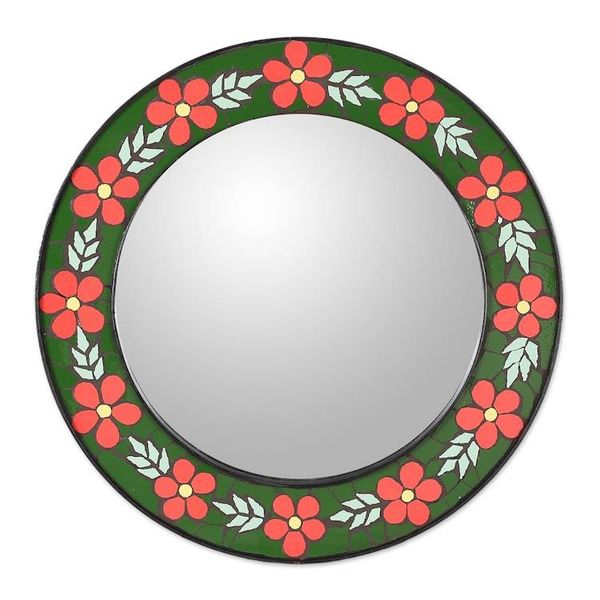 Alternate image for Flower-Themed Ceramic Mosaic Mirror in Green and Tangerine Tangerine Warmth