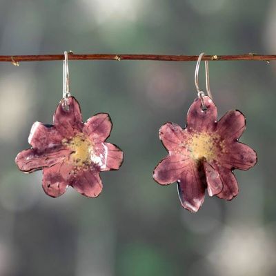 Primary image for Artisan-Made Floral Copper Dangle Earrings Painted in Pink Heartfelt Petals