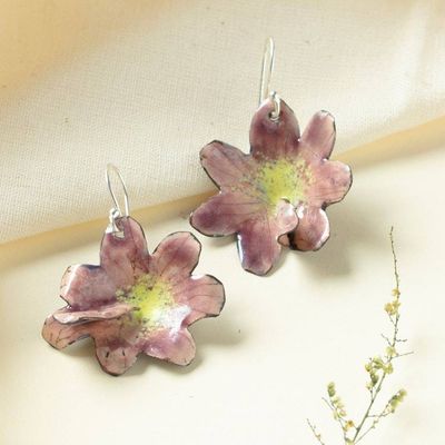 Alternate image for Artisan-Made Floral Copper Dangle Earrings Painted in Pink Heartfelt Petals