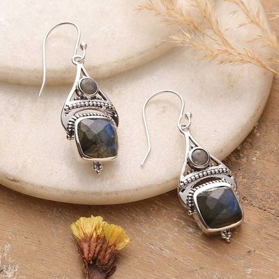 Alternate image for Natural Faceted Labradorite Dangle Earrings with 13 Carats Intuitive Royalty