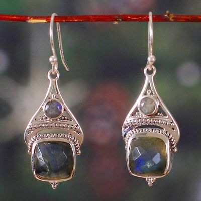 Alternate image for Natural Faceted Labradorite Dangle Earrings with 13 Carats Intuitive Royalty