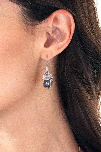 Alternate image for Natural Faceted Labradorite Dangle Earrings with 13 Carats Intuitive Royalty