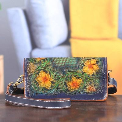 Alternate image for Floral Embossed Teal and Goldenrod Leather Clutch Sling Blooming Regality