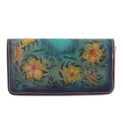 Alternate image for Floral Embossed Teal and Goldenrod Leather Clutch Sling Blooming Regality
