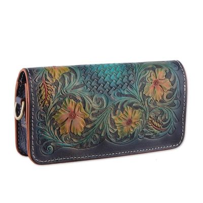 Alternate image for Floral Embossed Teal and Goldenrod Leather Clutch Sling Blooming Regality