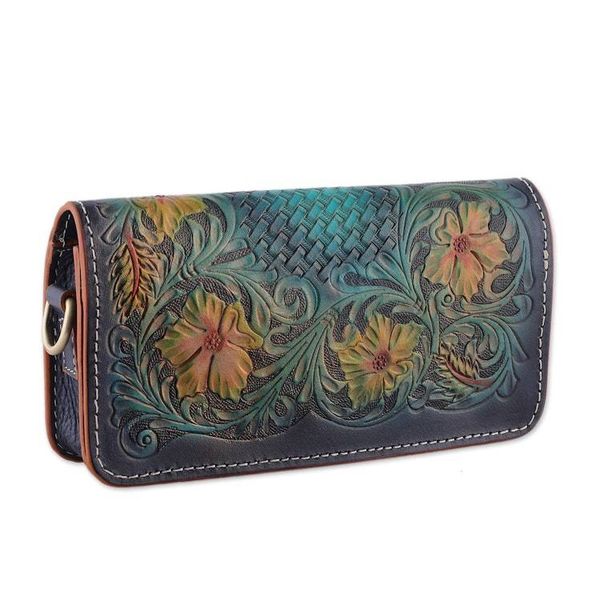 Alternate image for Floral Embossed Teal and Goldenrod Leather Clutch Sling Blooming Regality